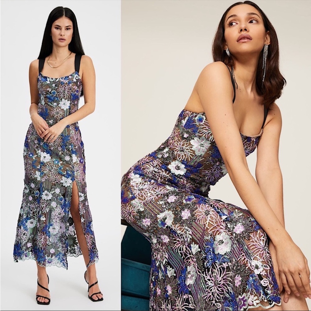 ELLIATT Floral Iridescent Sequin & Embroidery Mesh Sleeveless Midi Dress Size XL